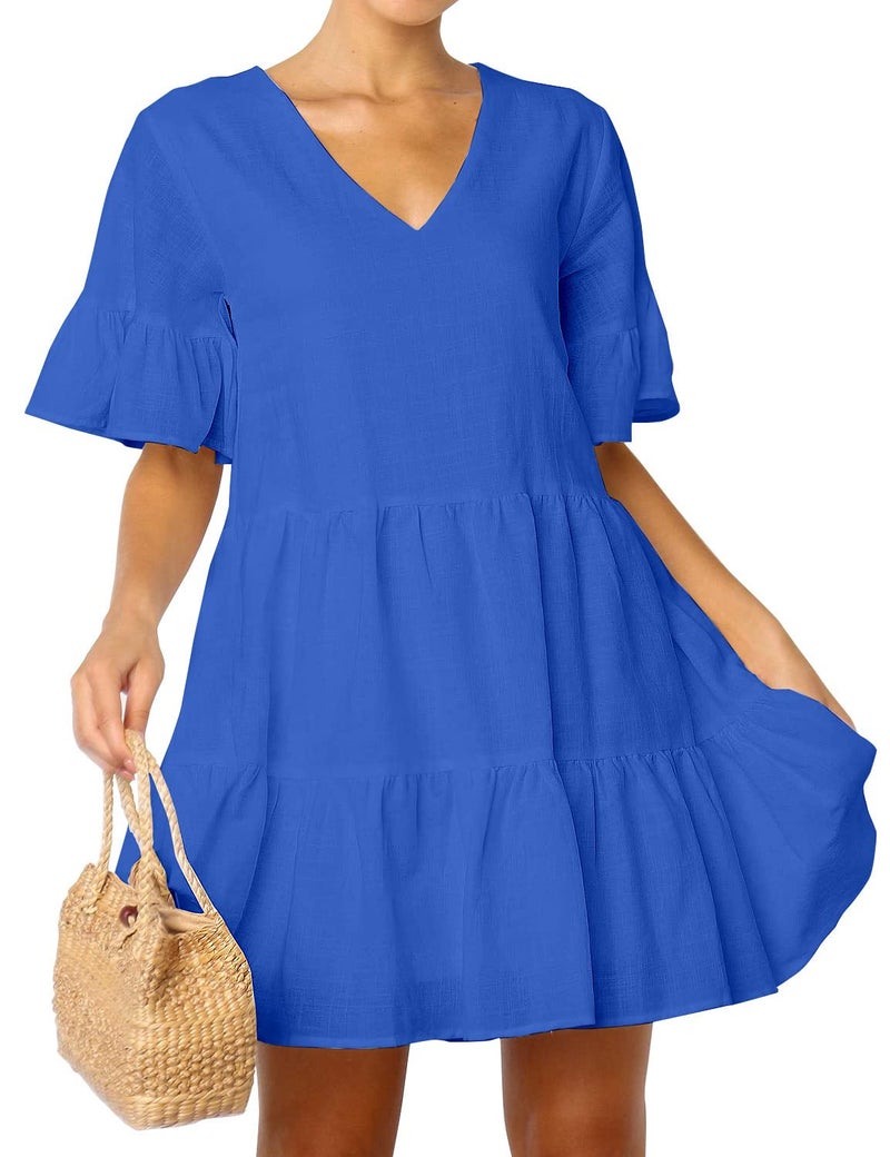 FANCYINN Womenâ€™s Blue Shift Tunic Mini Dress with Pockets Short Bell Sleeve V Neck Casual Swing Ruffle Hem Dress M - Image 4